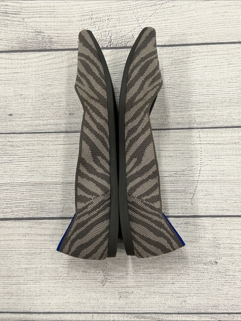 Rothy's Grey Zebra Pointed Knit Flat with Blue Trim